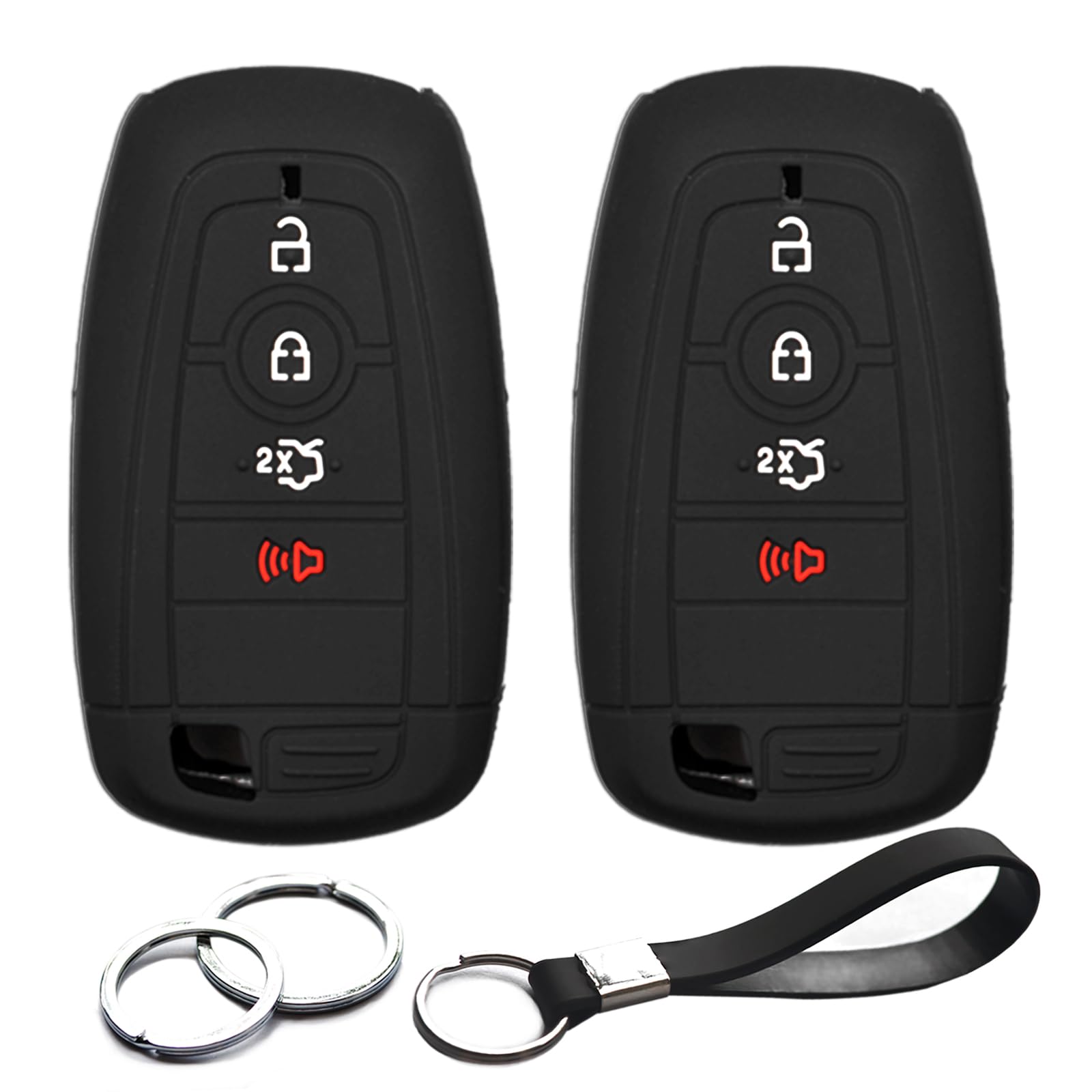 2pcs Compatible with Ford Mustang Edge Expedition Explorer F-150 Lightning Ranger Bronco Escape Maverick Transit Connect Fusion Smart 4 Buttons Key Fob Cover Case Key Chain Protector Holder