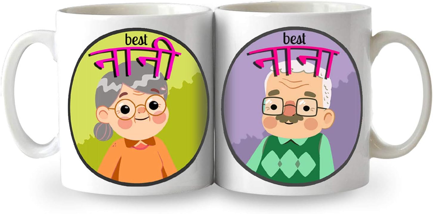 exciting Lives - Nana Nani Grandparents Ceramic Mugs - Gift for Diwali, Christmas Day, Anniversary, Birthday, Gift for Grandparents, Nana, Nani, Father, Mother - Set of 2-330 Ml, Multicolor