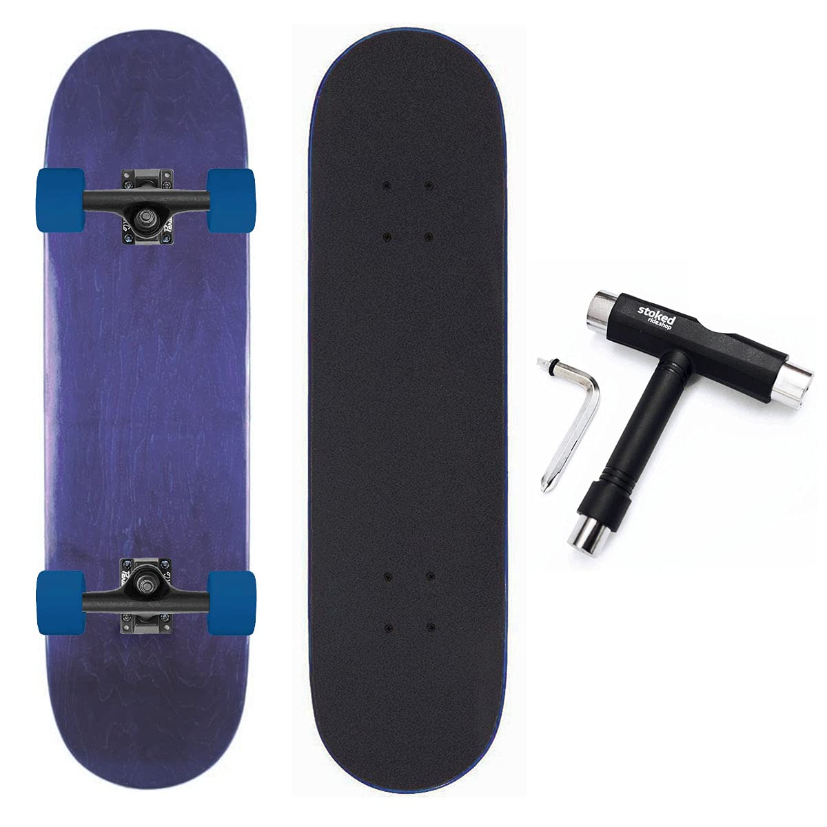 Stoked Ride ShopCruiser Complete Skateboard | Purple 7.75" w/Paris 129mm MB, Tinder Blue 60mm, w/Tool