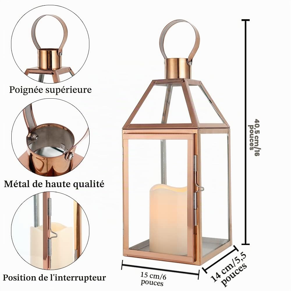 JHY DESIGN Lanternes décoratives en Or Rose 34 cm de Hauteur Lanternes à Bougie en Acier Inoxydable avec Verre trempé.pour intérieur extérieur, événements, fêtes et Mariages