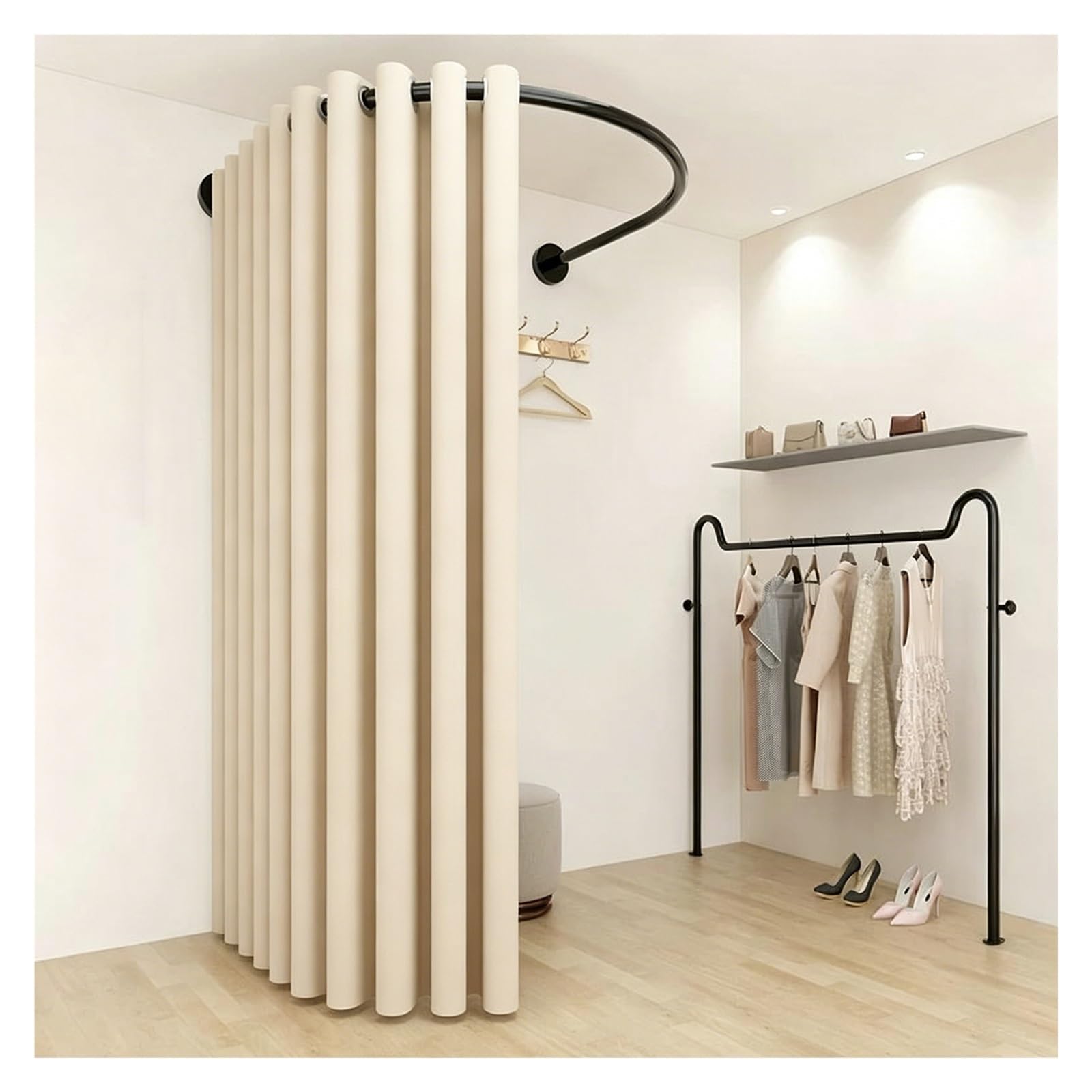 ZJKXJH Boutique Fitting Room Partition Curtain Rod, Wall Mount U Shaped Heavy Duty Curved Rail for Clothing Store, Privacy Partition Curtain Rod(With A Curtains,Black Rod 140cm/55.1in)