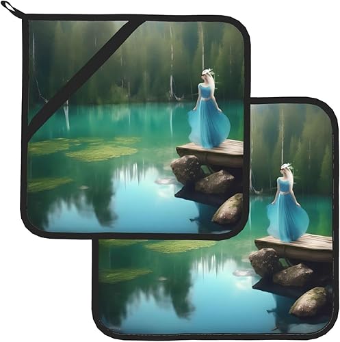 Miniatura 2 de Juego de almohadillas calientes de 8 x 8 pulgadas con estampado de hadas de lago, antideslizante, resistente al calor, para hornear y cocinar
