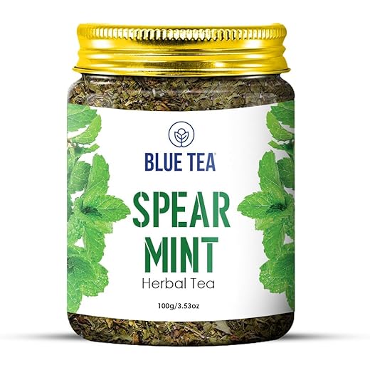 BLUE TEA - Spearmint Tea - 100 gm -100 Cups | Pcos Relief | Balances Hormones, Reduces Facial Hair & Acne and Supports Digestion | Herbal Tea - Dried Loose Leaf - Caffeine Free | Reusable Pet Jar