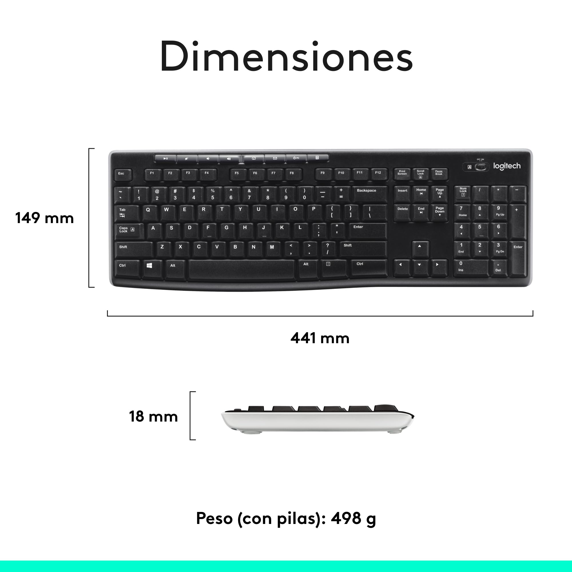 Logitech K270 Teclado Inalámbrico a 2 | Teclado 2,4 GHz para Windows, tamaño completo, 8 teclas multimedia, batería 2 años, QWERTY Español - Negro