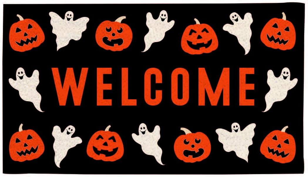 Evergreen Flag Halloween Door Mat with Witch Cat Spider Print| Front Door Welcome Mat for Outdoor Indoor Entrance | 28x16 Inches | Non-Slip Doorway Rug |Halloween Decoration for Porch Patio Floor