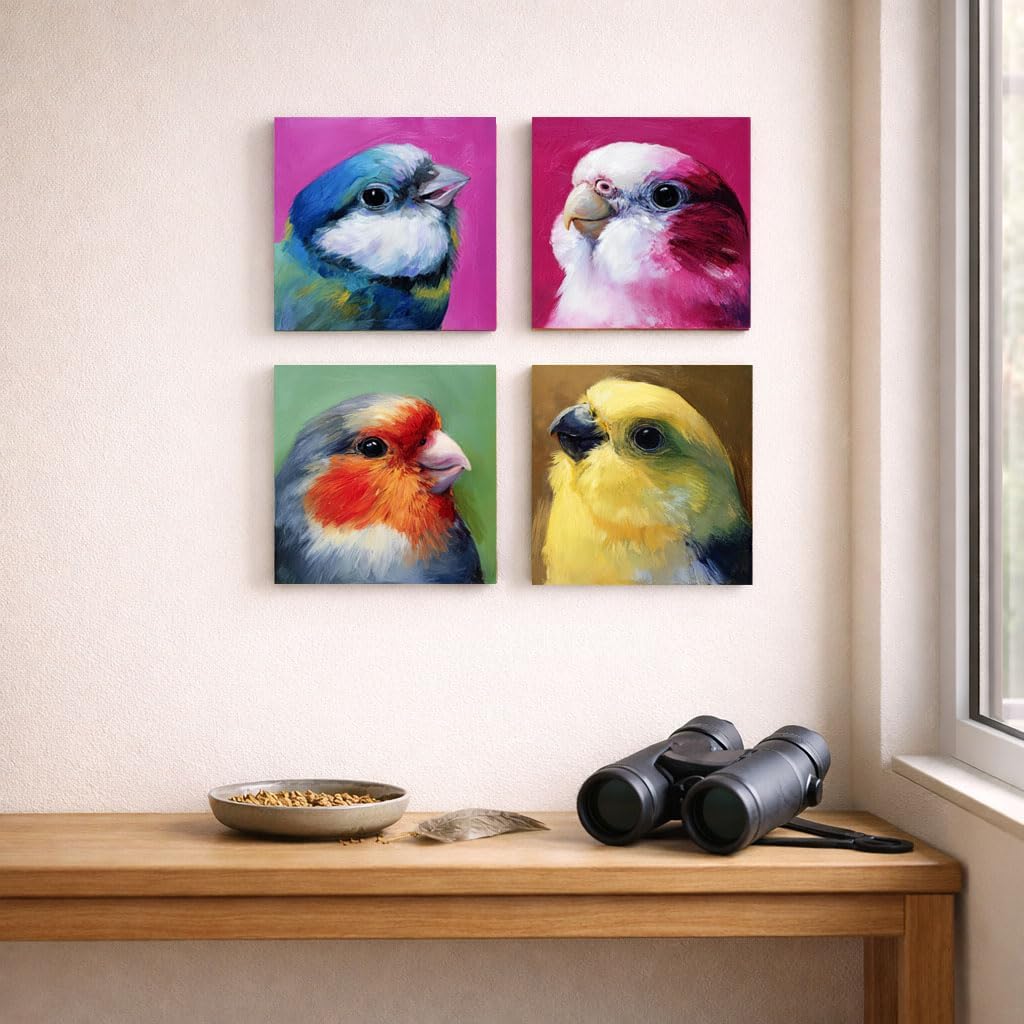 Artiluxy Colorful Bird Canvas Wall Art Set of 4, 12x12 Inch Square Animal Paintings, Cute Parrot & Budgie Artwork for Living Room, Bedroom, Kids Room Decor (Blue B)