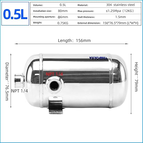 Miniatura 2 de VUYOMUA 0.15Gallon 304 Stainless Steel High Pressure Mini Small Portable Air Tank Air Reservoir Water Storage Tank (SS-0.5L)