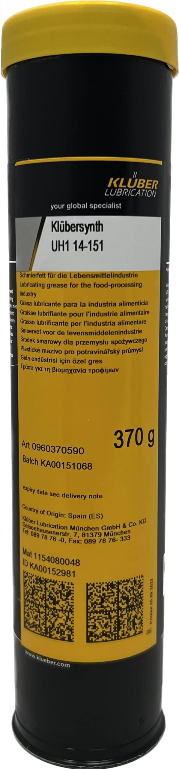 Lubrication Klubersynth UH1 14-151 Synthetic Lubricating Grease for The Food Processing and Pharmaceutical Industry 400g Cartridge