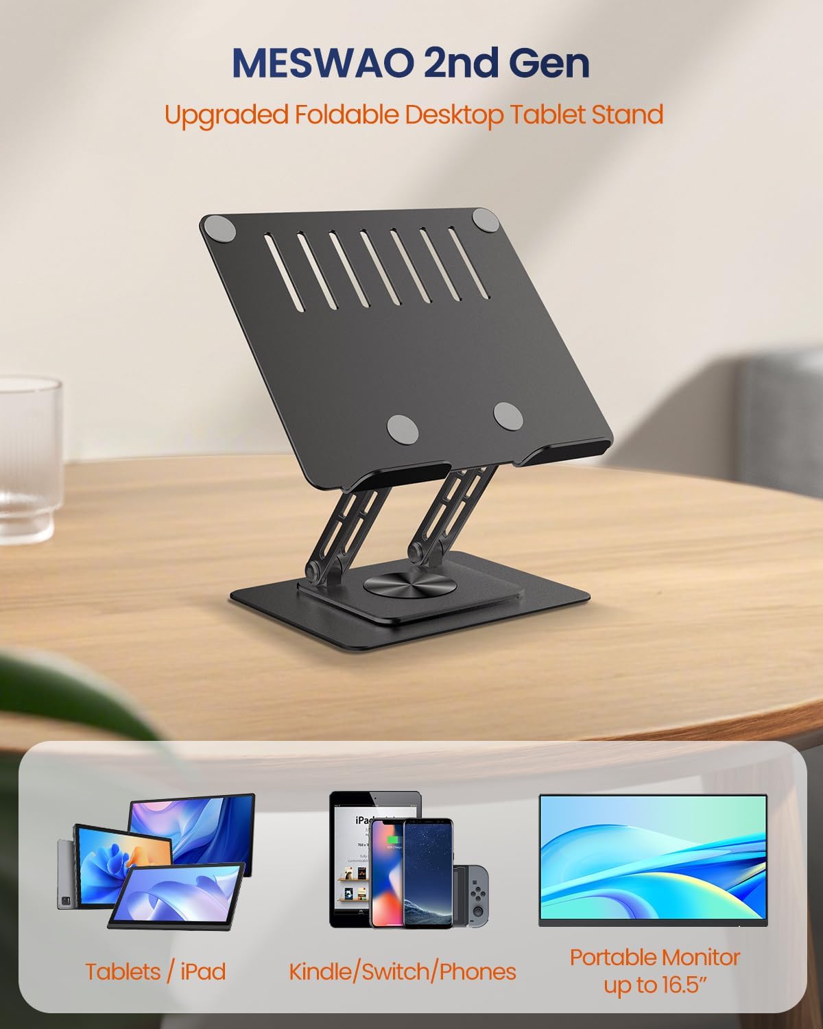 Tablet Stand Holder for Desk with 360° Rotating Base, Dual Rod Adjustable & Foldable Aluminum Stand for Home Office Compatible with 11’’-16’’ Tablets, Black