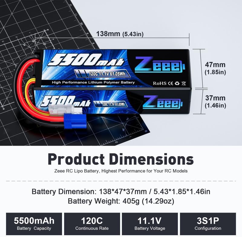 Miniatura 2 de Zeee 3S Lipo Battery 5500mAh 11.1V 120C Estuche rígido Batería RC con conector EC5 para coche RC 1/8 1/10 a escala 1/10, camiones cisterna, barcos,