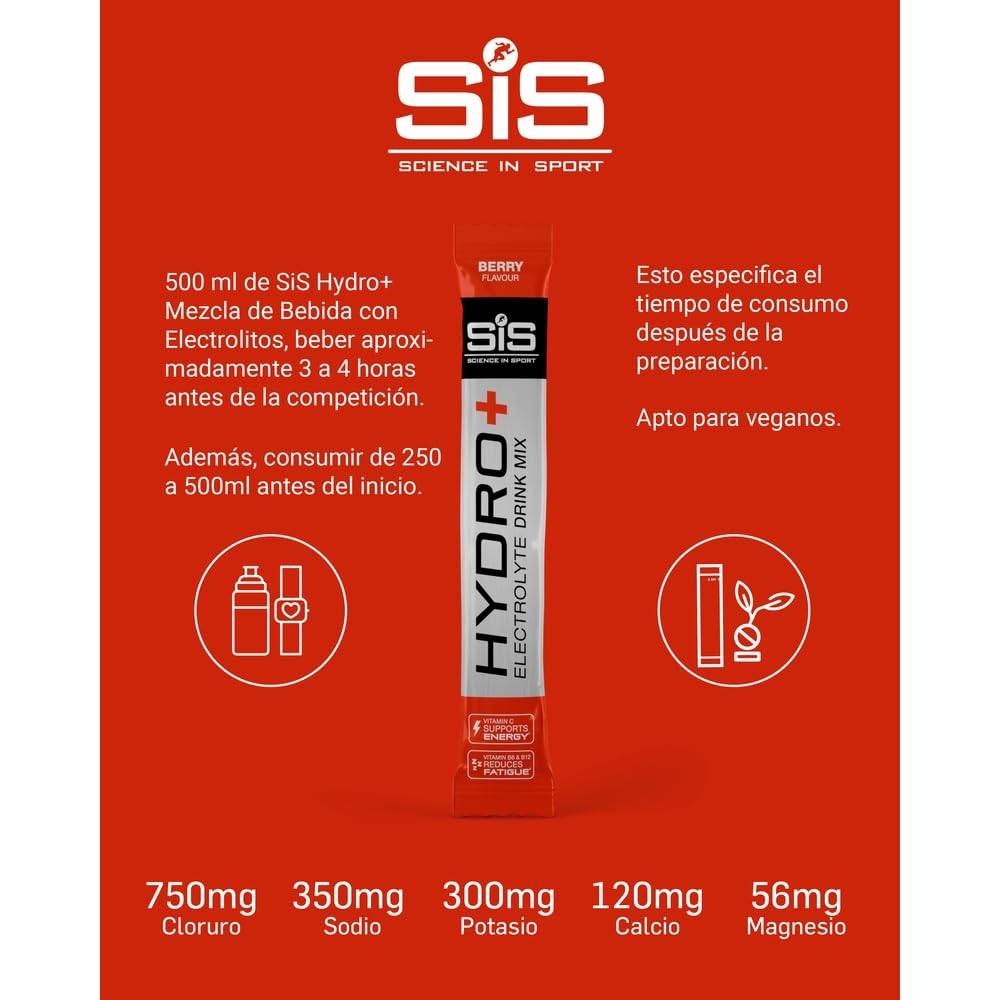 Science in Sport HYDRO+ Electrolyte Drink Mix 20x4,5g Frutos del bosque - Electrolitos en polvo veganos, Bebida deportiva en polvo con vitamina C y 5 electrolitos importantes