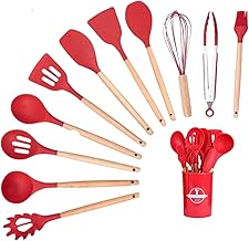 Conjunto de Utensílios de Cozinha em Silicone e Cabo de Madeira, Kit 12 peças, Antiaderente, Resistente ao Calor (Vermelho)