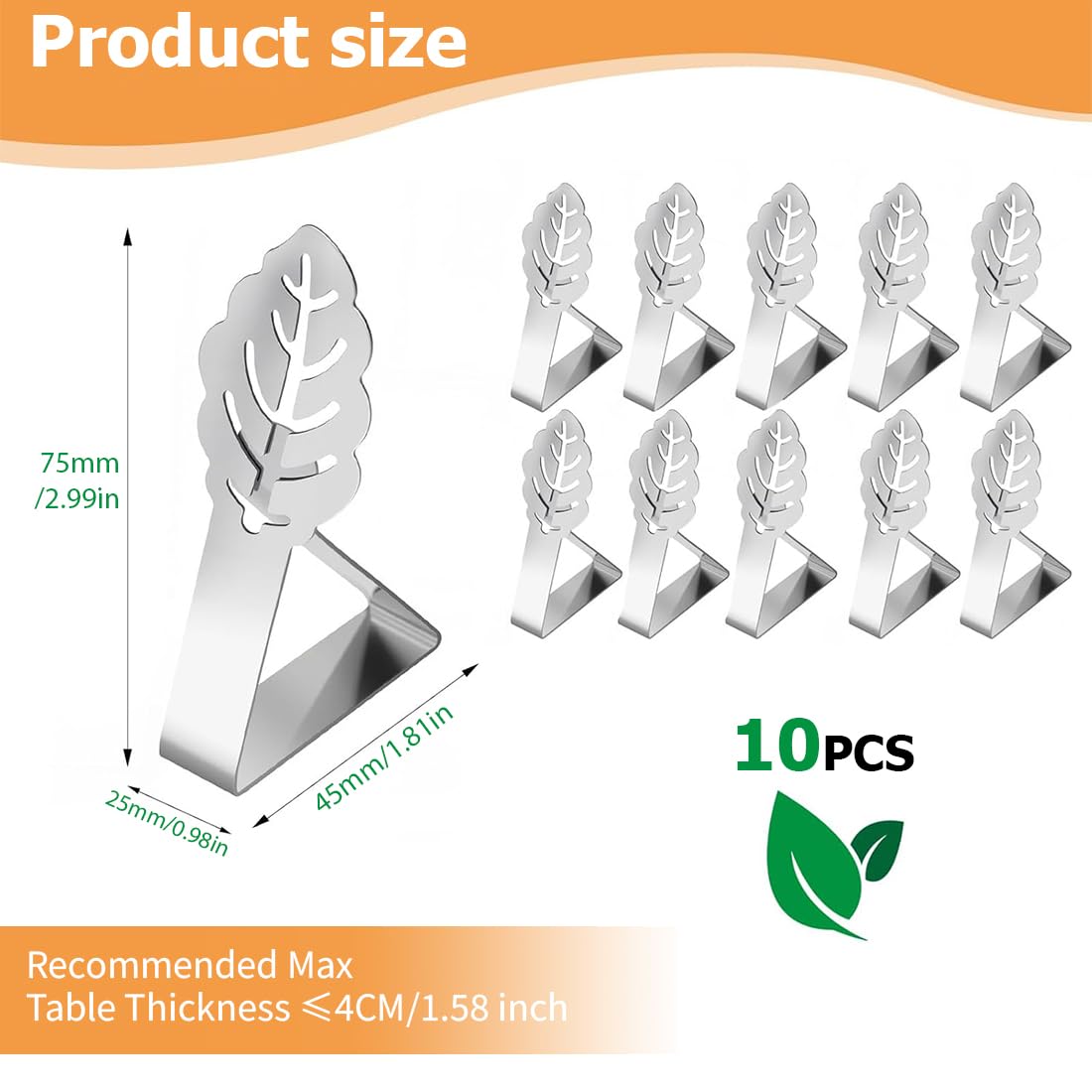 Pinces pour Nappe décoratives en Acier Inoxydable, Clips Anti-Glissant, Extérieur, Pique-Nique, Barbecue, Mariage, Fête (10 Pièces, Feuilles)
