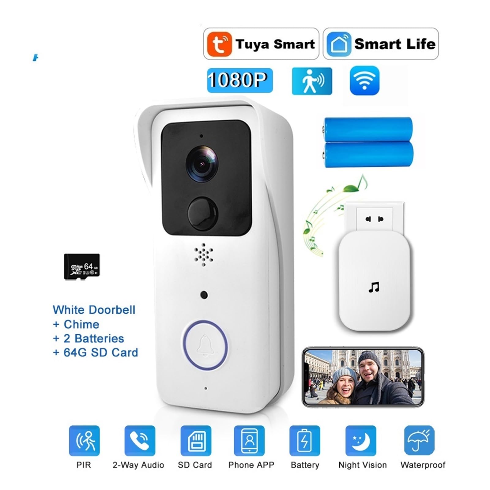 Sonnette vidéo WiFi 5G 2.4G 1080P Tuya Smart Interphone extérieur sans Fil étanche Caméra Sonnerie Grand Angle(White Option 3)