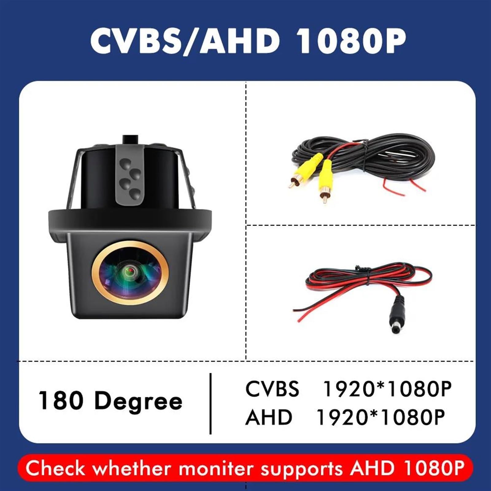 Cámara De Visión Trasera Grados Hd Cámara De Visión Trasera Universal Para Coche Gran Angular 180 Grados Nocturna Respaldo Automático Resistente Al Agua(AHD CVBS 1080P)