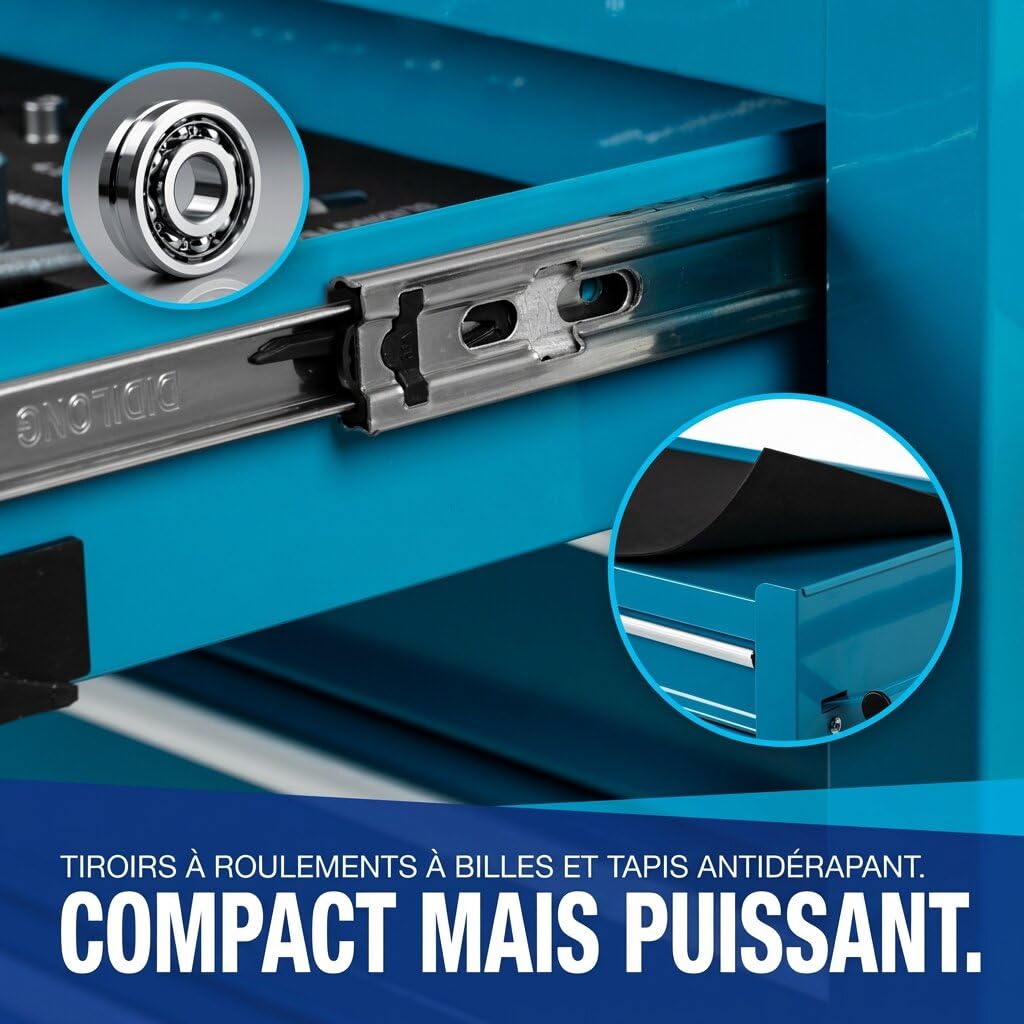 NTG Chariot d'atelier avec Outils 70 pièces - 4 tiroirs + Grand Compartiment - tiroirs sur roulements à Billes - sécurité de Transport - 2 roulettes avec Frein de stationnement - Chariot à Outils