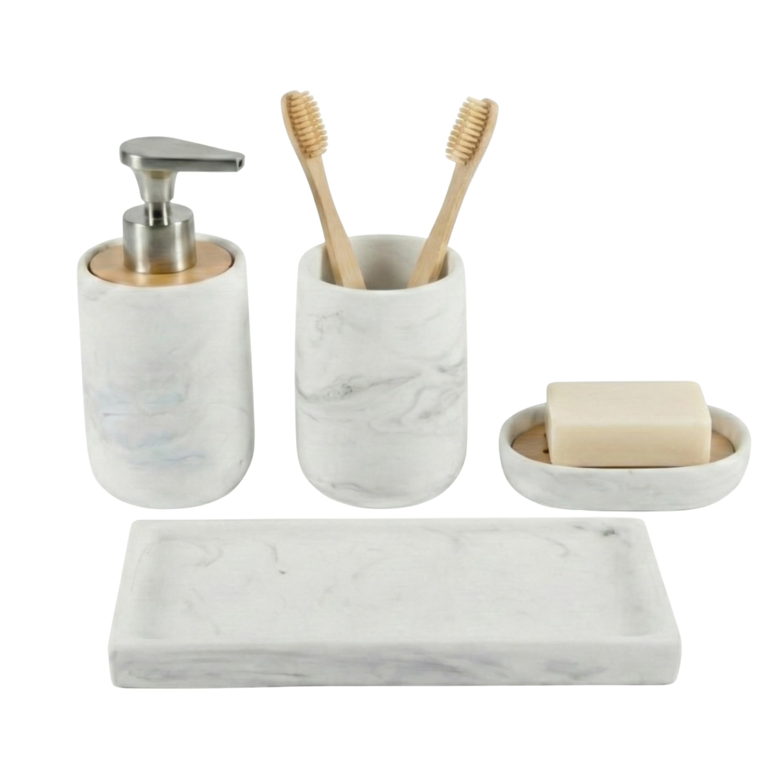 Set de Baño 4 Piezas con Bandeja - Dispensador de Jabón (Bomba de Zinc), Vaso, Jabonera y Bandeja Organizadora - Resina Efecto Mármol y Bambú - Organización Moderna y Resistente