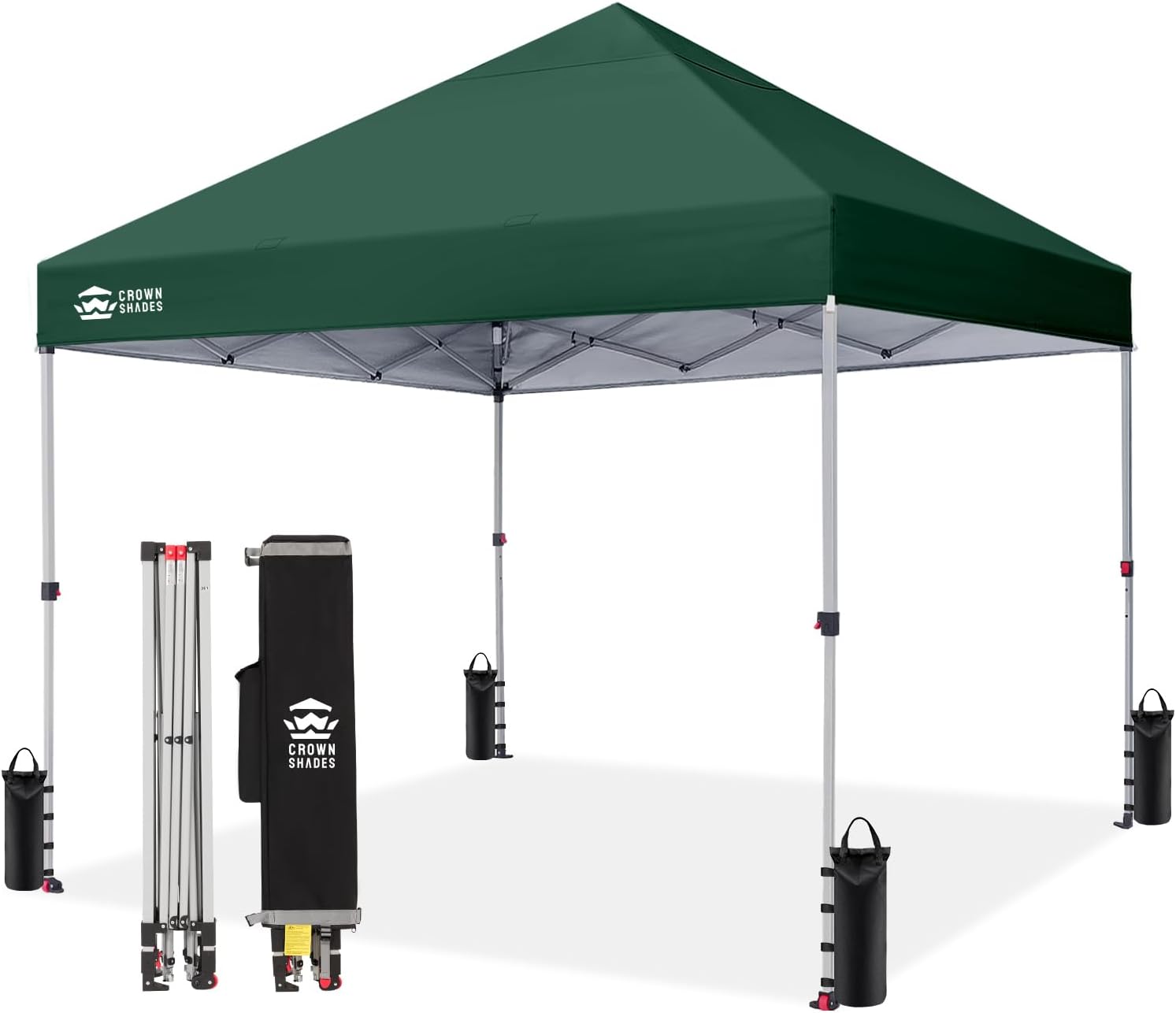 CROWN SHADES 8x8 Pop Up Canopy - Beach Tent with One Push Setup - Easy Outdoor Sun Shade for Events, Parties, Camping - Gazebo with STO-N-Go Cover Bag, Silver Coated Top, Forest Green