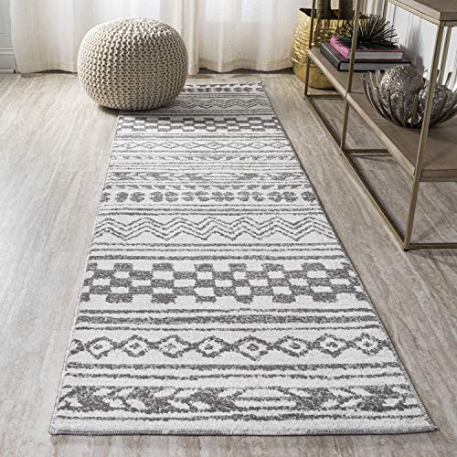 Image of JONATHAN Y Imlil Tribal Stripe Light Gray /Cream Runner Rug, 2x10, Geometric, Bohemian, Casual, Easy-Cleaning for Living Room, Bedroom, Kitchen, Pet Friendly, Non-Shedding (MOH303A-210)
