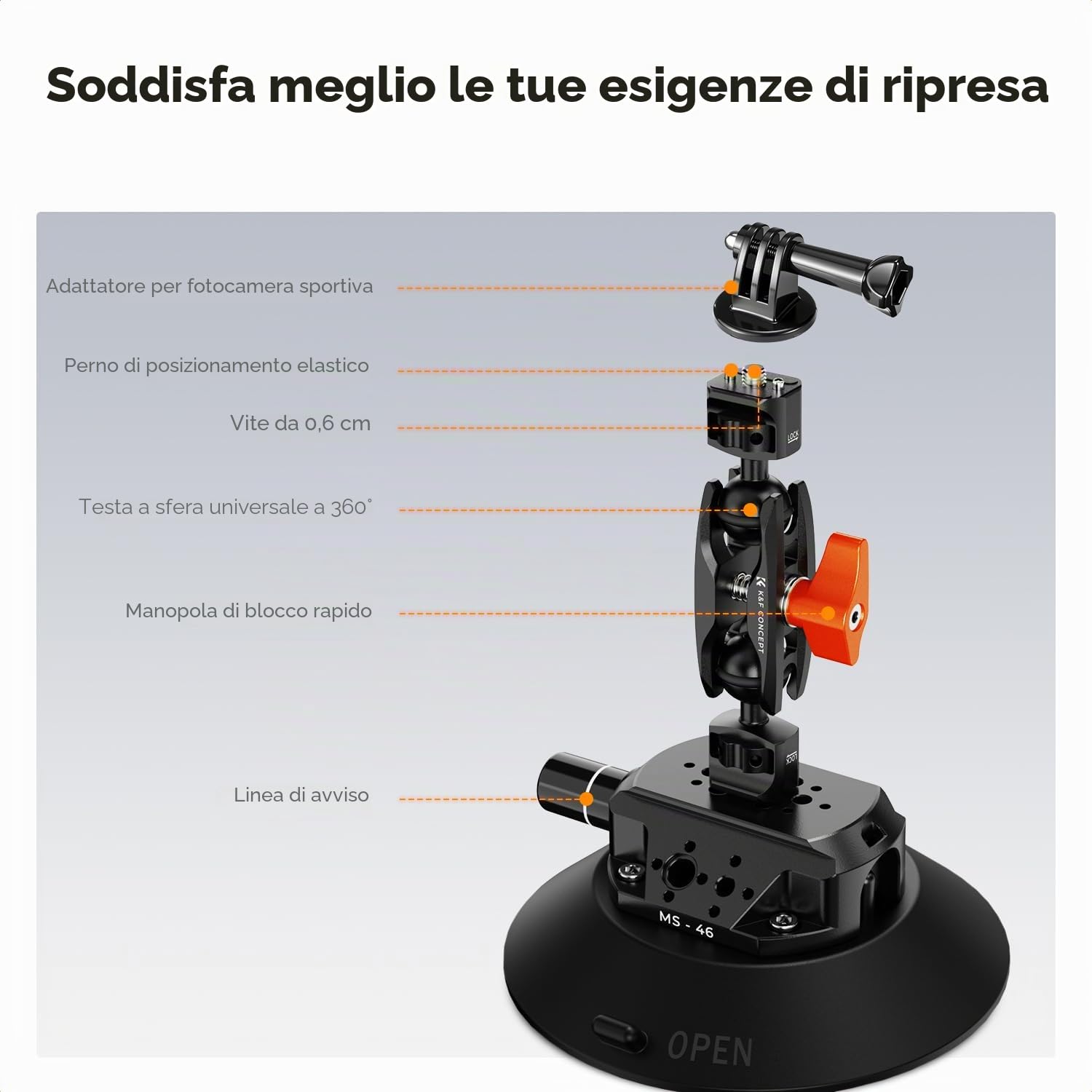 K&F CONCEPT Ventosa 6" con Braccio Magico Doppia Sfera - MS46 | Supporto fotocamera auto con supporto telefono e adattatore GoPro, attacchi 1/4" e 3/8" per parabrezza e superfici lisce