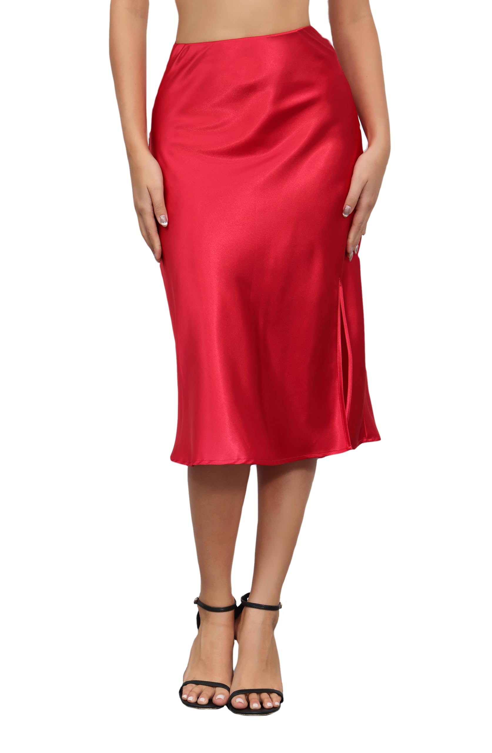 ALCEA ROSEA Women High Waist Silky Satin Midi Skirt Elastic Waist A Line Skirt with Slit