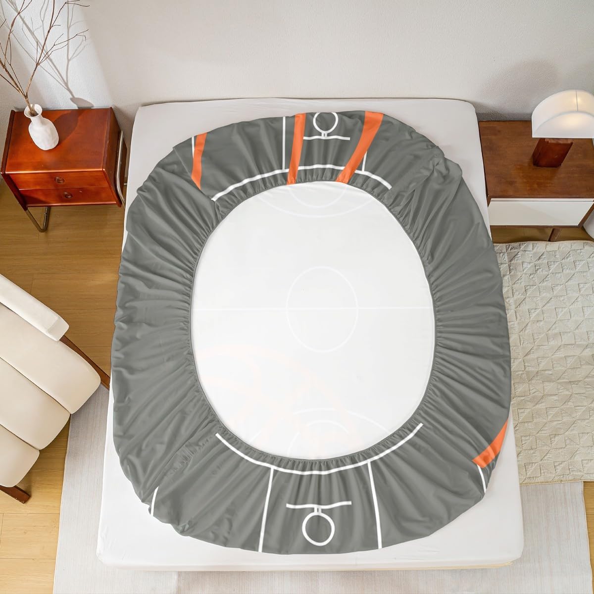 Basketball Court Print Full Size Fitted Sheet,Basketball Sports Themed Geometric Grey Soft Luxury Bedding Set,Orange Ball Hand Painting Bed Cover All Round Elastic Pocket with 2 Pillowcases