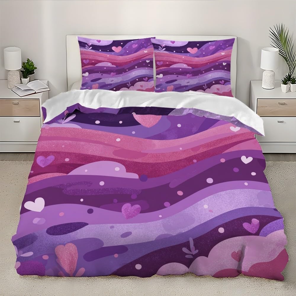Pościel z nadrukiem 3D, 200 x 200 cm, oddychająca mikrofibra, romantyczne faliste linie, super miękka, hipoalergiczna poszewka na kołdrę, różowo-fioletowa, 3-częściowa pościel dla dzieci i młodzieży
