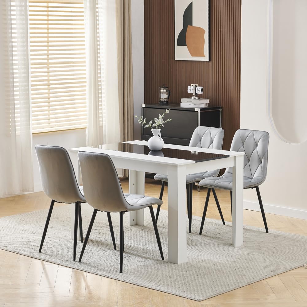 Rainbow Tree 120cm Large Dining Table Set of 4, Modern Dining Table with 4 Grey Accent Velvet Dining Chairs for Dining Room, Kitchen Set for Family Wooden