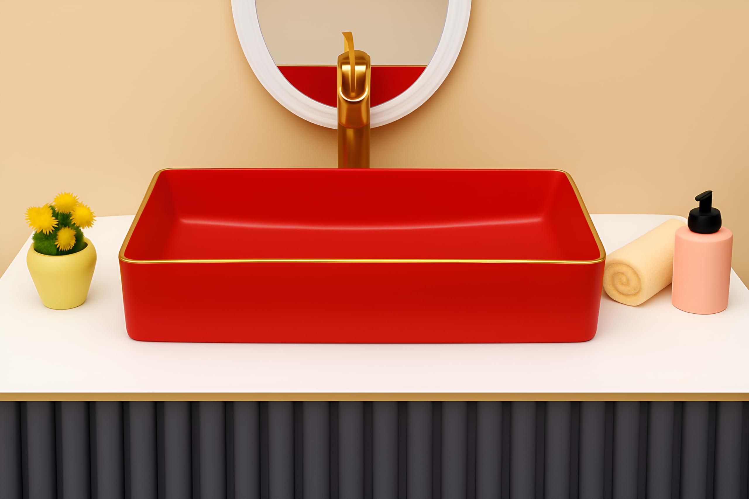 SEA SHORE Wash Basin Countertop | Tabletop Ceramic Bathroom Sink | Over Counter | Wash Basin For Bathroom (24 x 13 x 5.5 Inch, Red Golden Border) 2