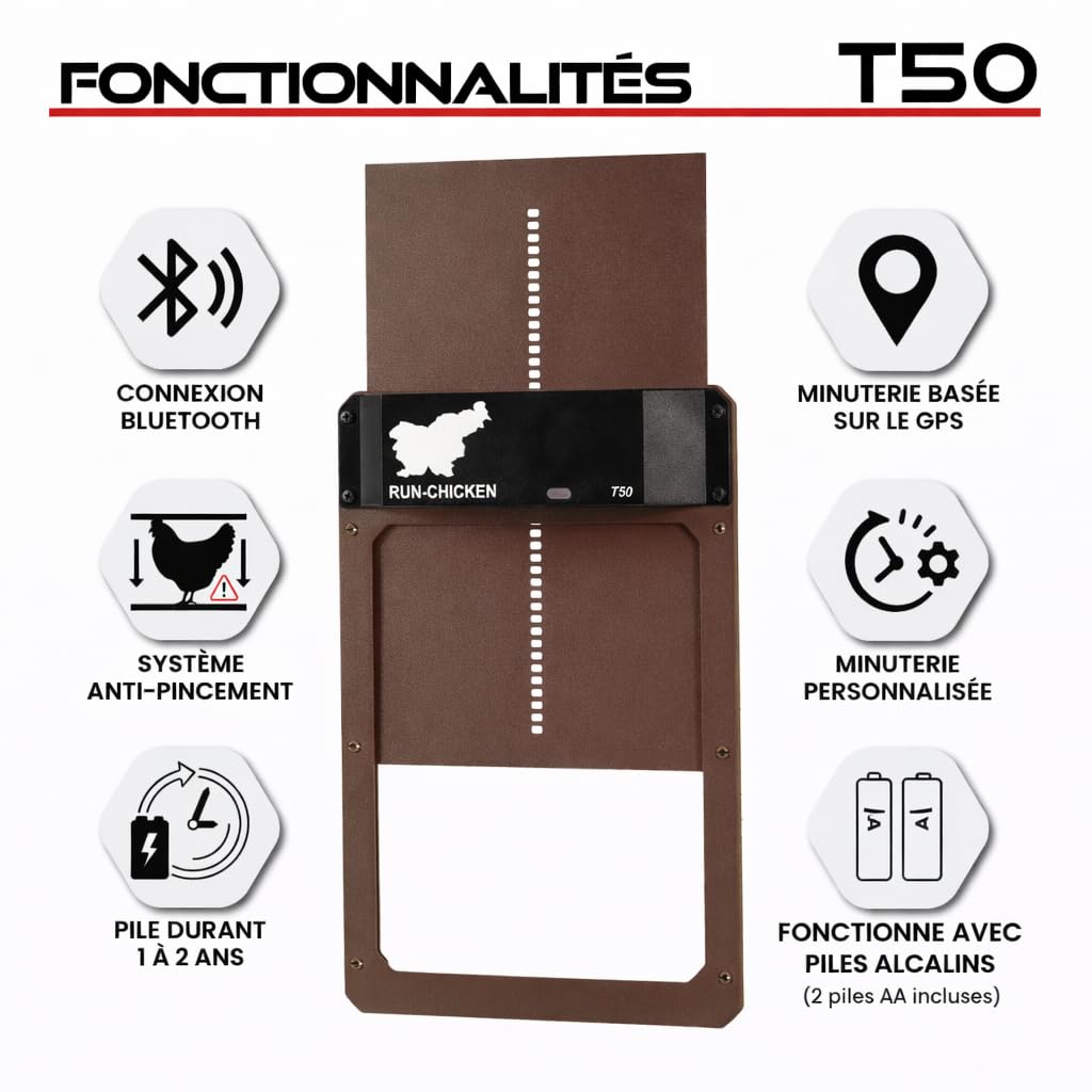 Run‑Chicken Door T50 Porte automatique marron pour poulaillers, fonctionne avec piles AA, contrôle par application, capteur de lumière, minuterie avec retard et aluminium résistant pour l'extérieur