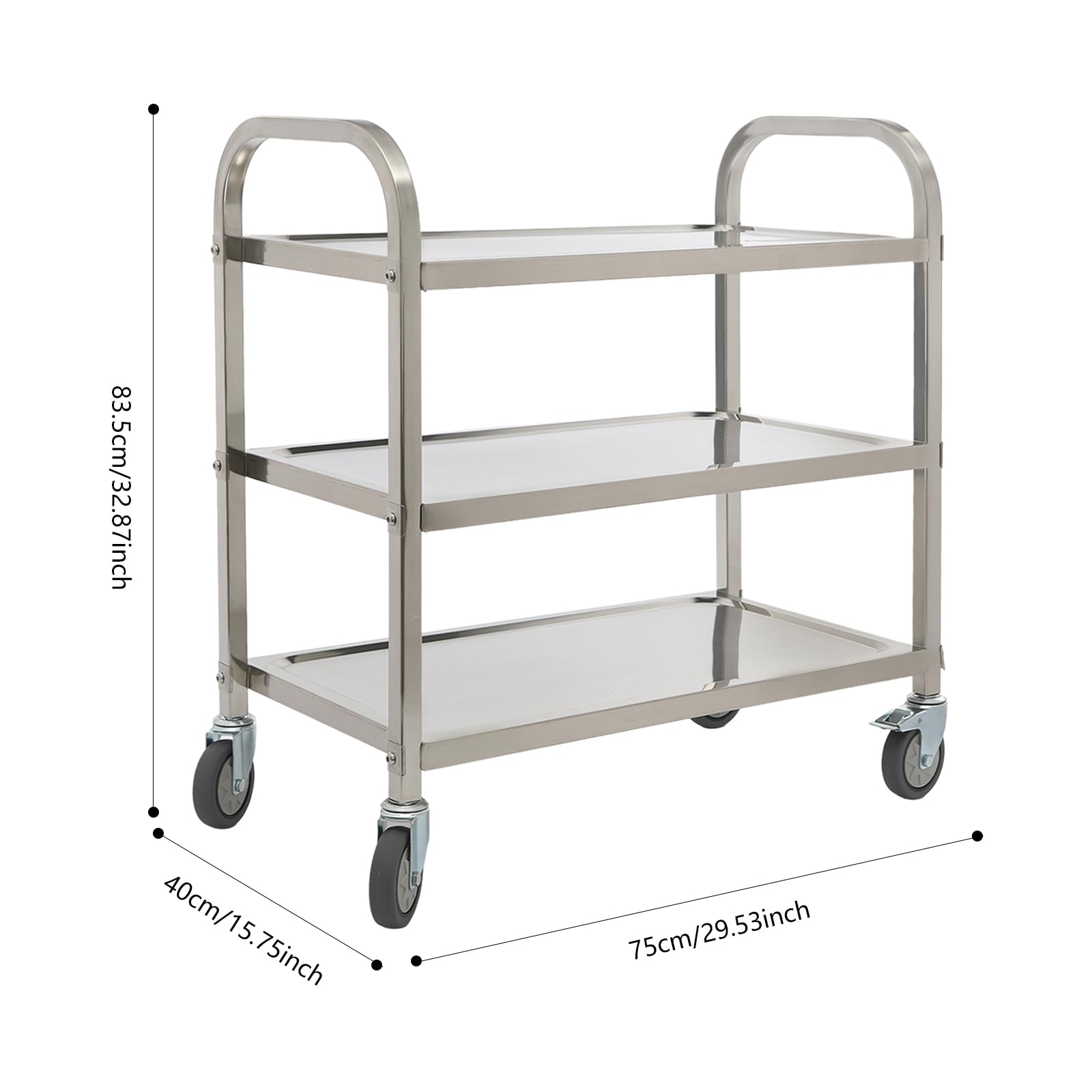 Carro de servir de acero inoxidable, con 3 estantes y ruedas, carrito de cocina para restaurante, hotel, escuela, cocina (75 x 40 x 83,5 cm)
