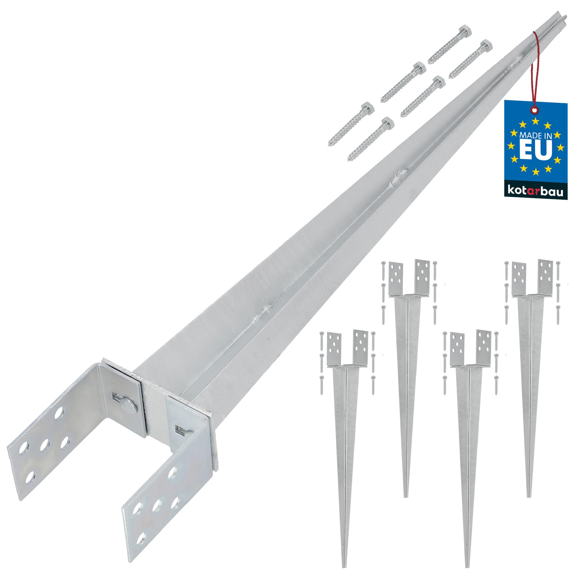 Kotarbau Silver Kotarbau® 4 Pcs Fence Post Support - 0–120 Mm (0–4.72 Inches) - Galvanised Steel - 70 Cm (27.6 Inches) - Ground Spike - Adjustable Post Anchor - U Bracket - For Fencing Garden Construction