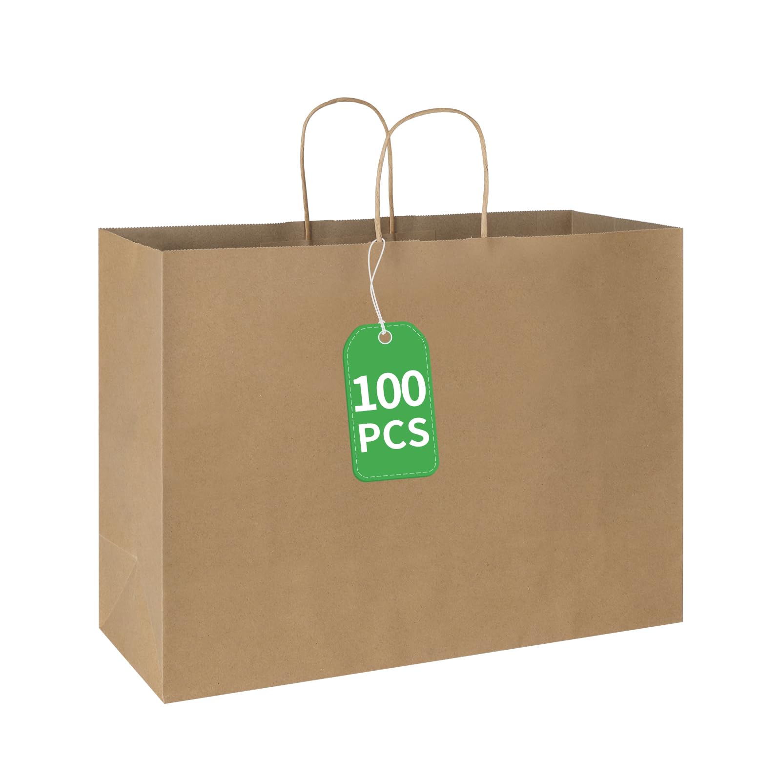 bagmad Paquete de 100 bolsas de papel kraft marrón de 16 x 6 x 12 pulgadas con asas a granel, bolsas de papel reciclado grandes, bolsas de regalo, bolsas de comestibles, bolsas de venta al por menor,