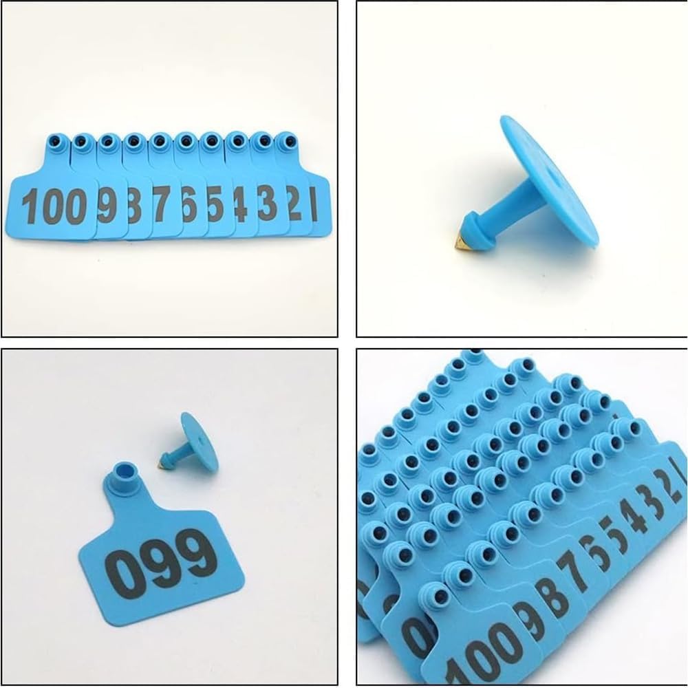Plastikowe nauszniki dla bydła, plastikowe etykiety do uszu dla zwierząt gospodarskich z numerami 001-500, opakowanie 100, wielokolorowe, 7,5 x 6 cm (niebieski, 101-200)