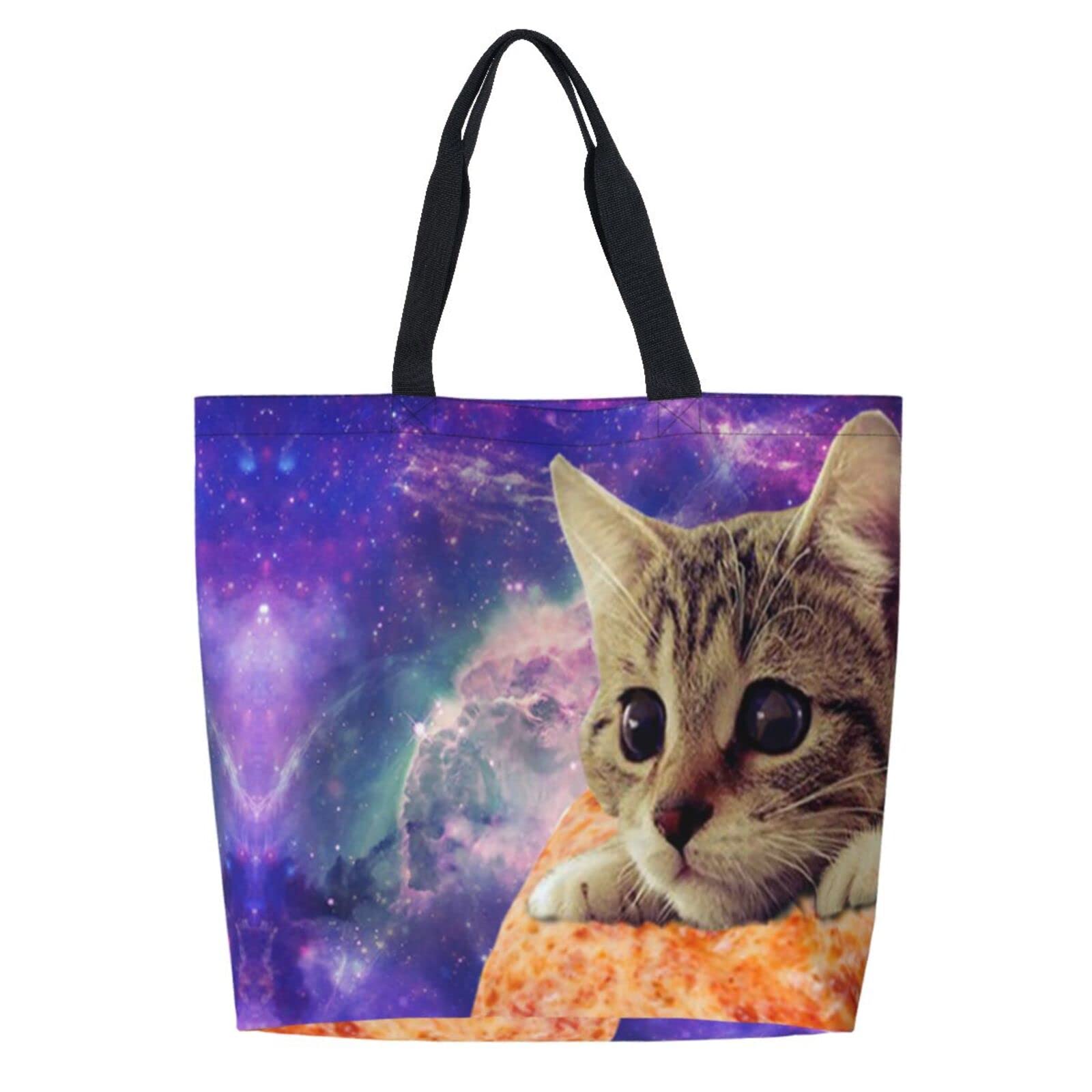 PrelerDIY Pizza Cat Reusable Grocery Bags - Tote Bag for Women Casual Shoulder Bag Foldable Large Shopping Bag