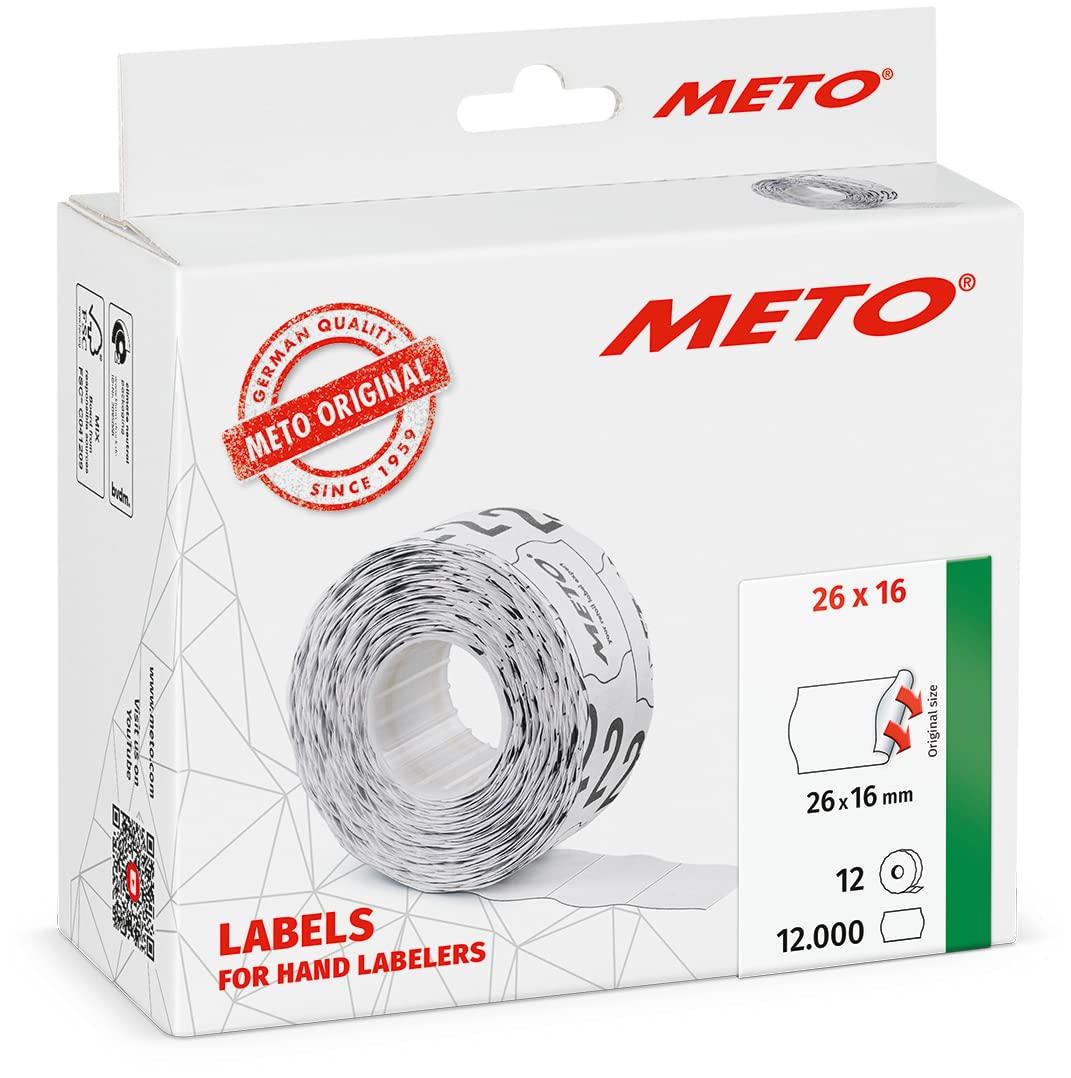 Meto Price Gun Labels (26×16 mm, Two-line, 12,000 Labels, White, Permanently Adhesive, for METO, Contact, Sato, Avery, Tovel, Samark etc.)