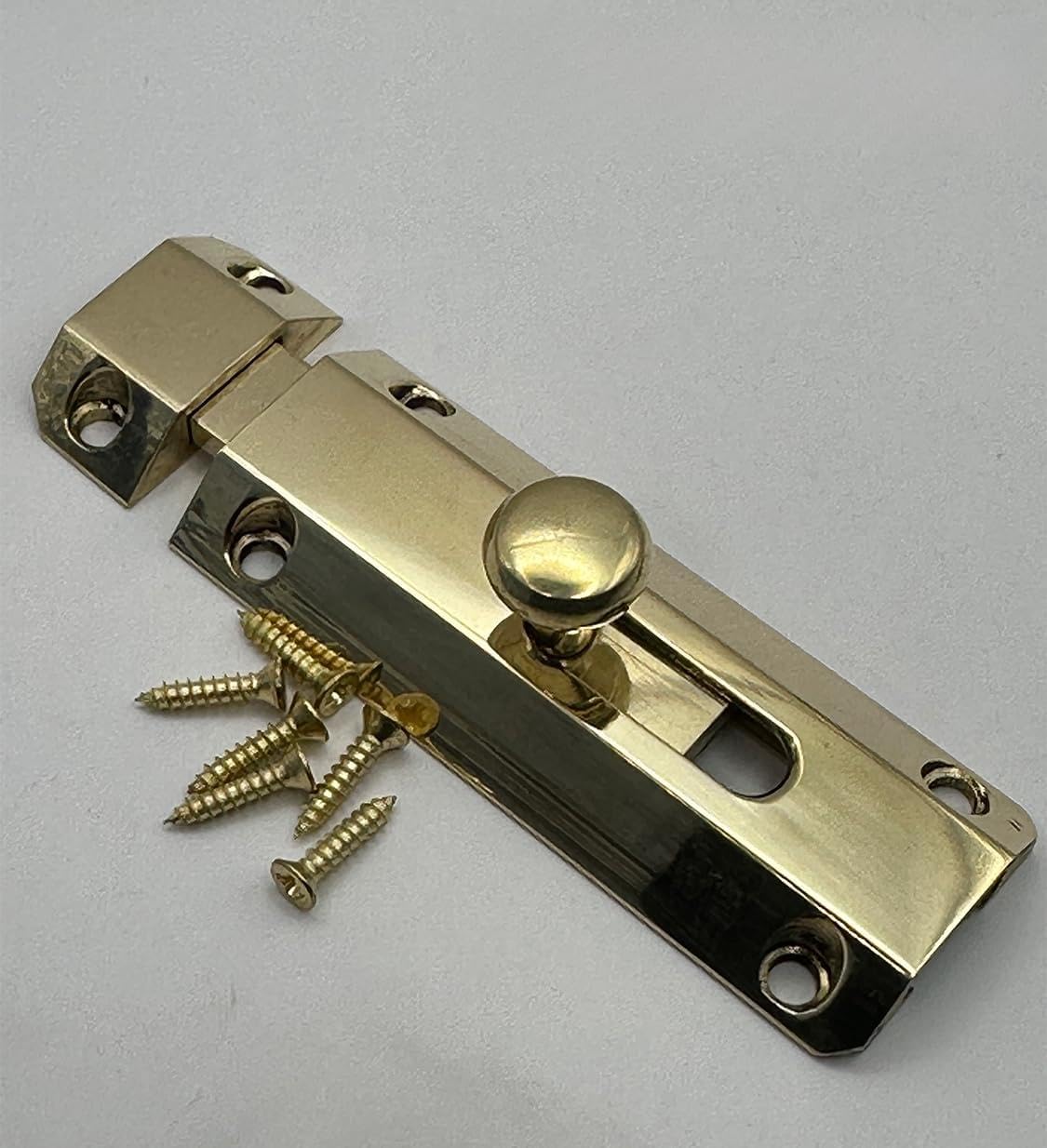 Bolts and Brass Hardware Surface Door Bolt, Metal Slide Lock with Knob, Available in Chrome, Black, and Brass Finish (Polish Brass, 102 mm)