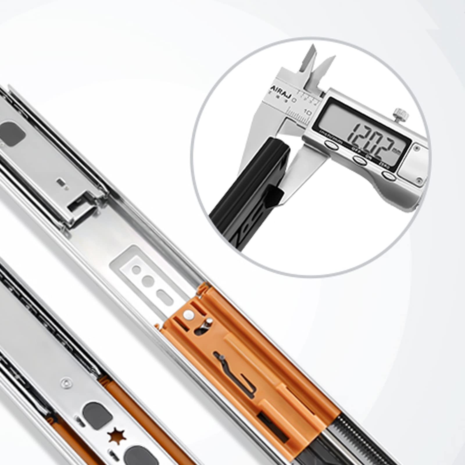Guide per cassetti, guide con chiusura ammortizzata, guide ad estrazione totale, chiusura a tampone, apertura e chiusura a scatto, mute e lisce, portante 45 kg, una coppia di guide laterali