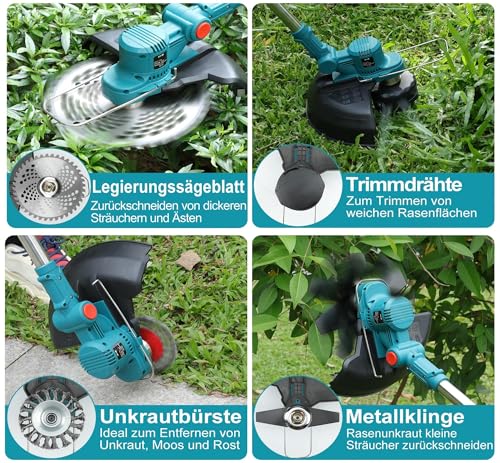 21 V Rasentrimmer mit Akku for Makita, 750W Freischneider, Teleskophöhe 100cm - 145cm Motorsense, 90° Trimmwinkel, 2 x 4,0Ah Akku, Bürstenlosmotor