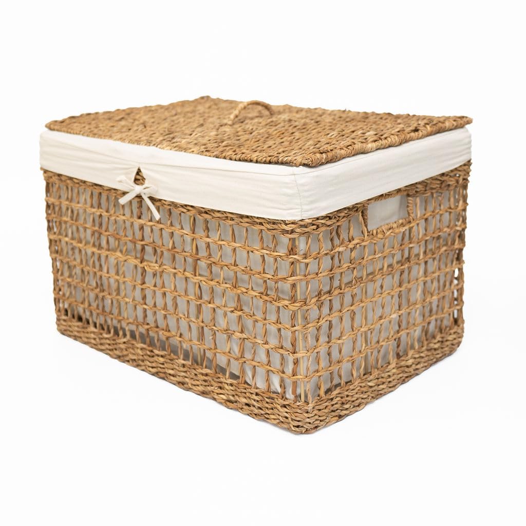 Arthur Cameron Natural - Balu Lidded Seagrass Storage Basket & Clothes Basket – Scandi Home Decor For Stylish Utility Room Storage Solutions (Medium)