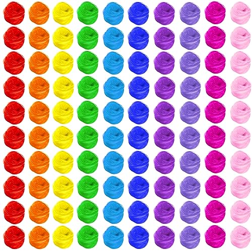 Toulite 100 Pcs Juggling Scarves Bulk Dance Scarves Play Scarf 24 Colorful Scarf Musical Magic Performance Accessories