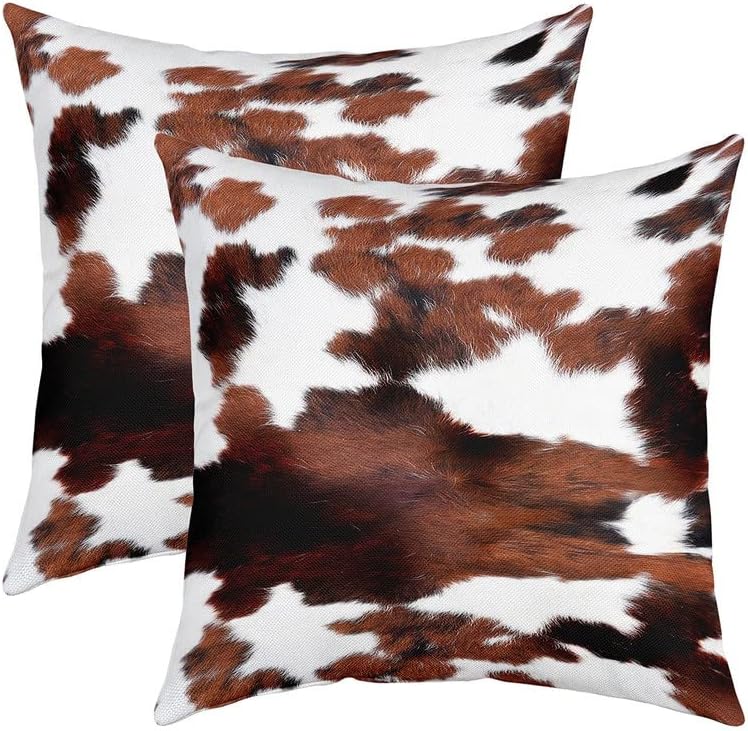 Cowhide Pillow Covers Home Decor Cow Fur White Brown Print Reversible Throw Pillow Covers for Farmhouse Western Farm Animal Skin Square Cushion Covers Set of 2 22 x 22-Inch Multi 19 22" x 22