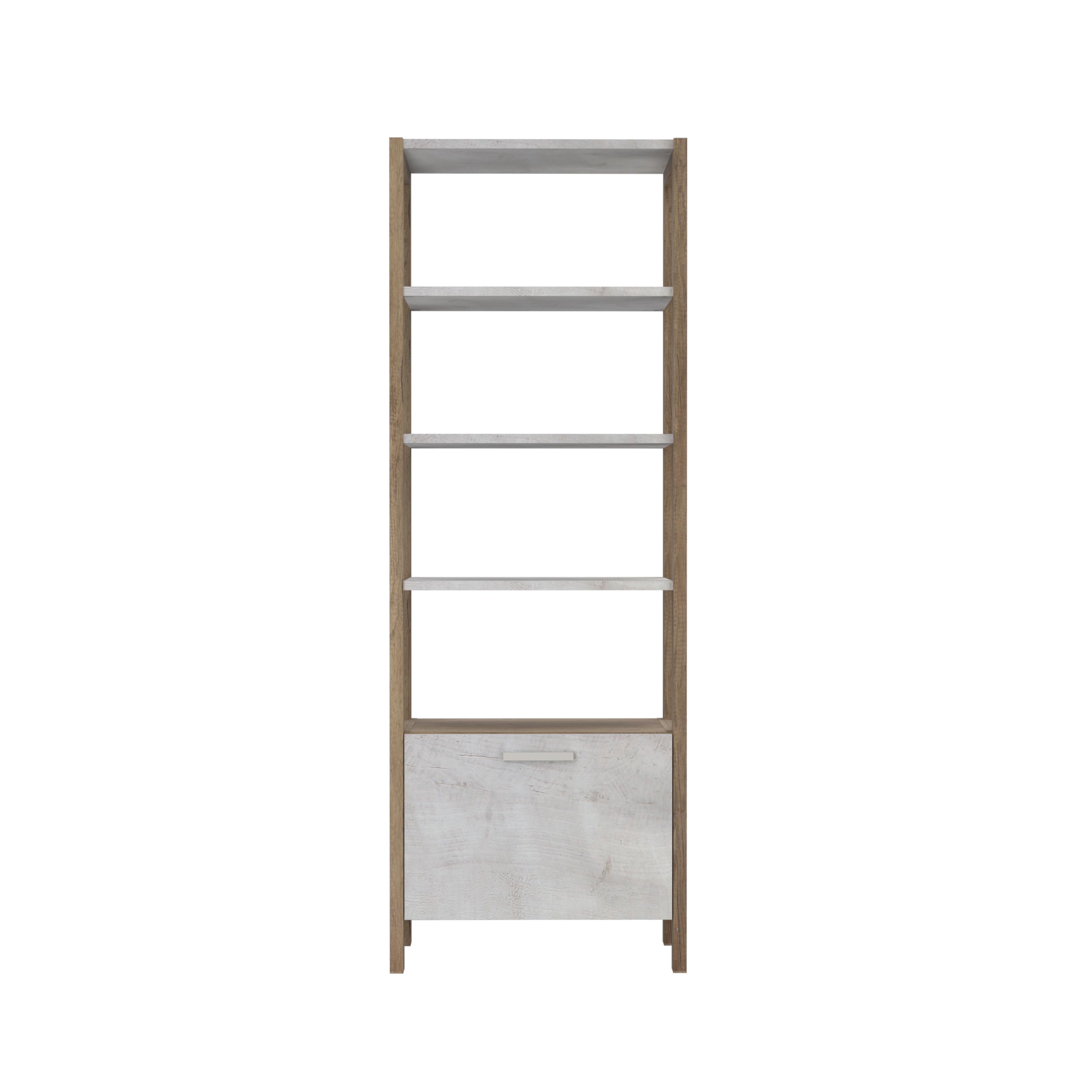 Forte Duro Bücherregal 70 80, Bücherregal mit 1 Tür, Regal im Landhausstil, Standregal, Holzwerkstoff, Pinie Weiß/Antikeiche Holzdekor, 71 cm breit x 200 cm hoch x 41,2 cm tief