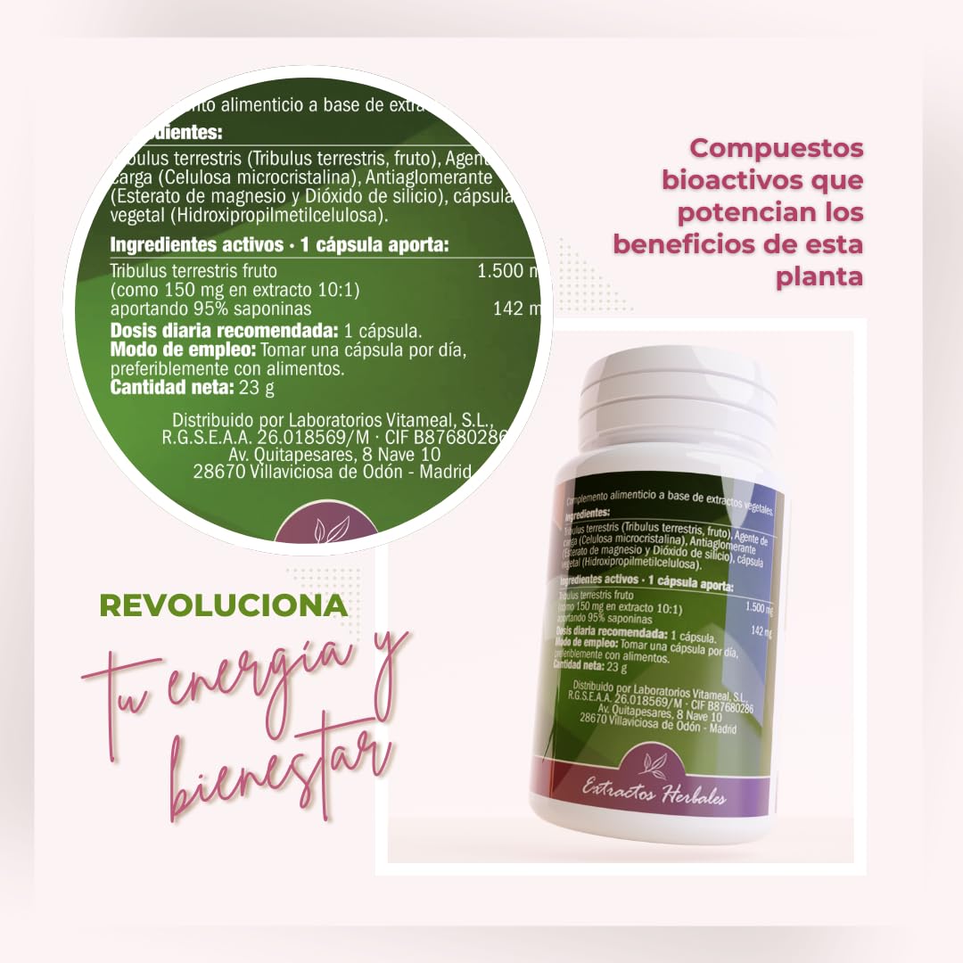 Tribulus Terrestris 1500mg en cada Cápsula 95% Saponinas 250 Cápsulas, NaturBite. Salud Masculina y Cardiovascular. Optimiza las funciones masculinas y la energía, ayudando a la recuperación muscular