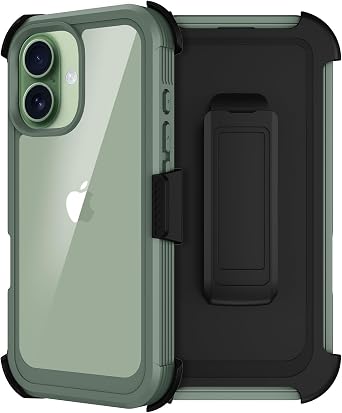 for iPhone 17 Case, Full Body Phone Case with Built-in Screen Protector & Belt Clip Holster, Military Grade Drop Protection Rugged Cell Phone Cover for iPhone 17 6.3 inch Clear Green