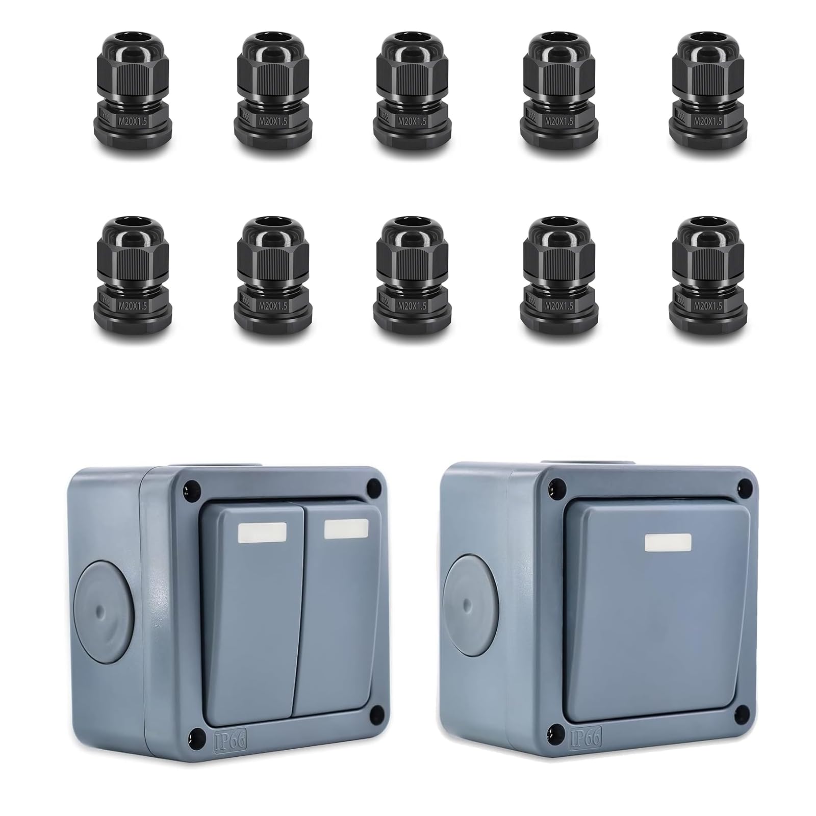 NineLeaf IP66 Waterproof 2 Way Single Light Switch for Outdoor Garden, Weatherproof (1Gang&2Gang 10A Grey), 10PK M20x1.5 Black Compression Cable