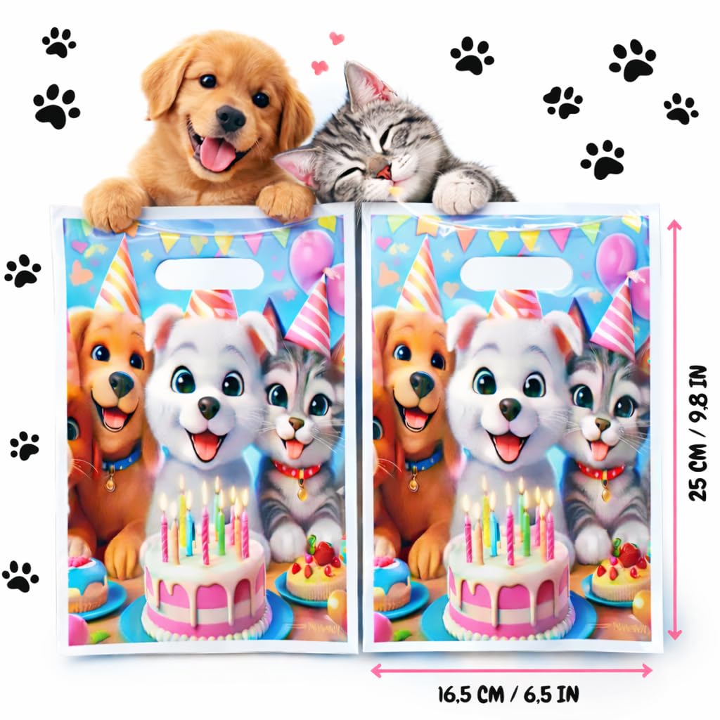 25 Bolsas Cumpleaños Infantil para Chuches – Bolsitas Regalo Fiesta Niños, Bolsas para Cumpleaños, Guardería y Eventos | Diseño Perritos y Gatitos - HAIYMA