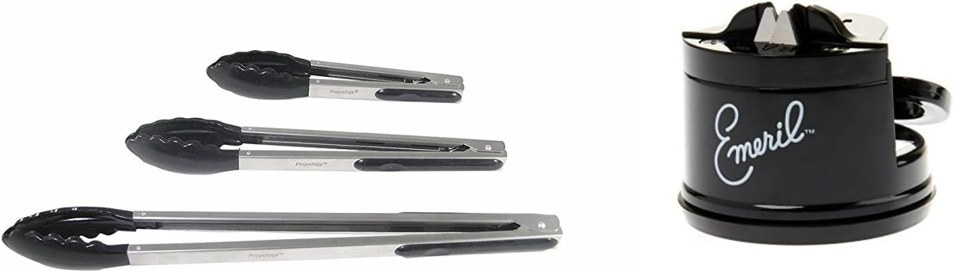 Emeril Knife Sharpener with +Bonus Prepology 3-piece Xtra Long Tong Set (BLACK)