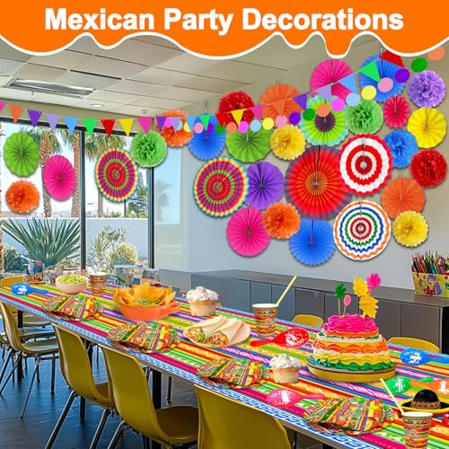 Image of TURNMEON 38 Pcs Fiesta Party Decorations, Mexican Party Decorations 18 Colorful Hanging Paper Fans 18 Pom Poms Pennant Garland String for Mexican Decorations Taco Tuesday Birthday Hawaiian Luau Party