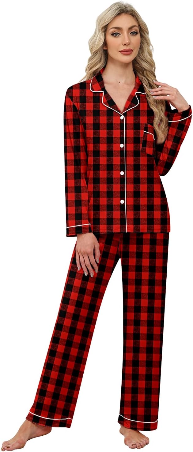 Umeyda Kids Christmas Pajamas Holiday Nightwear Sleepwear Sets Long Sleeve Pjs, Red Black Plaid, 11-12 Years - Image 4